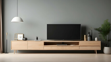 This contemporary space showcases a sleek TV unit, paired with chic decor elements against a cool grey backdrop