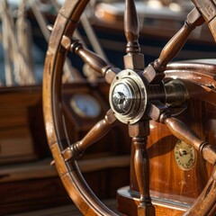 A wooden steering wheel with a clock on the side