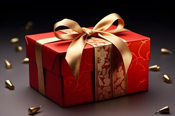 Red gift boxes and ribbons with blurred Silk background Ai generated
