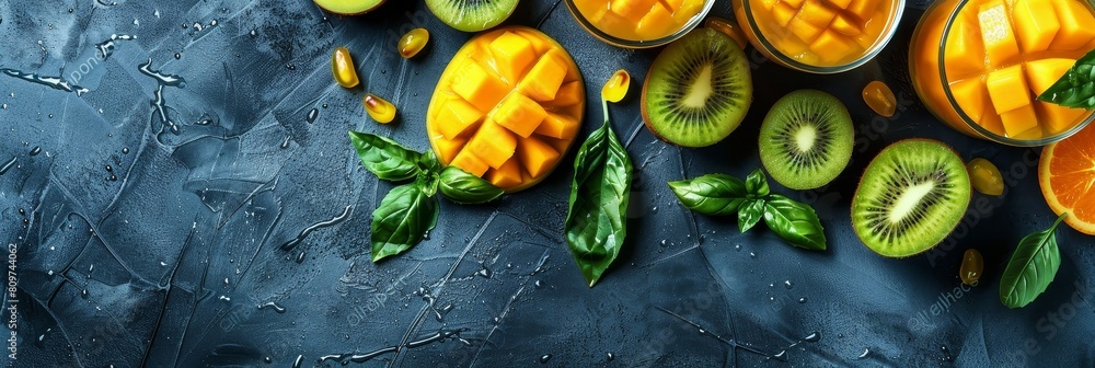 Canvas Prints Revitalizing Summer Morning Fresh Ripe Mangoes and Kiwi Juice with Basil