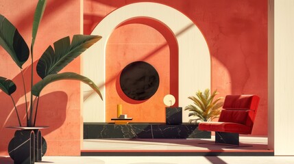 Bold graphic silhouette of decor elements against a backdrop of minimalist architecture