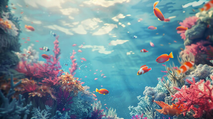 A serene underwater dreamscape teems with vivid coral reefs and tropical fish.