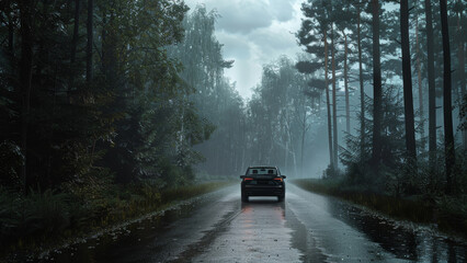 Mystic journey ahead, a car travels a foggy forest road reflecting in rain-soaked asphalt.