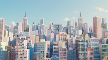 Fototapeta premium Skyline of modern colorful 3D cartoon-style cityscape under blue sky.