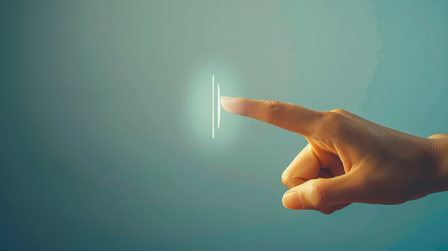 Side view of a finger pressing a holographic button floating in the air
