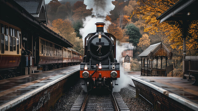 front view of vintage steam train arriving at railway station
