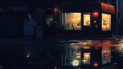 a night time picture of a building with a reflection of street lights, in the style of nocturnal scenes, soft glow, rtx on, creased