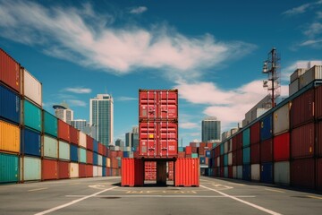 Colorful stacked containers at a commercial freight terminal with a city skyline in the background