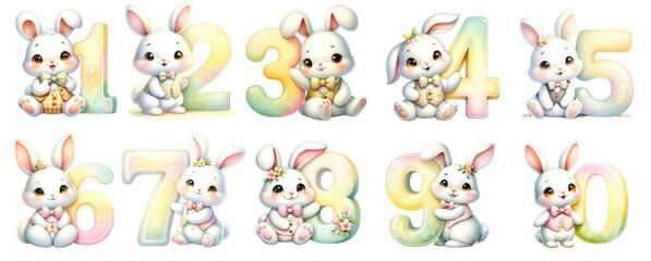 Set of Watercolor Illustration of Rabbit with Birthday Number in Pastel Tones
