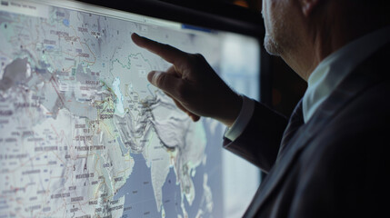 A man strategically points to locations on a brightly lit digital world map.