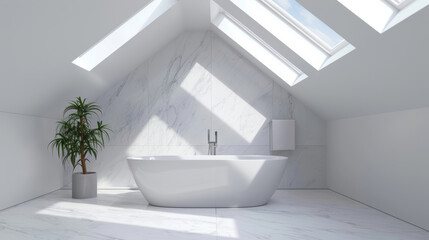 Fototapeta premium Sun-soaked modern bathroom with clean lines featuring a freestanding tub and a plant.