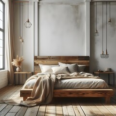 "Rustic wooden bed against empty white wall with copy  beautiful pic




