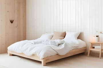 "Rustic wooden bed against empty white wall with copy  beautiful pic




