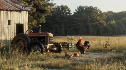 Rustic farm scene with a vintage tractor and roaming chickens at golden hour.