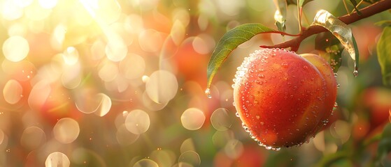 Soft focus on a fuzzy peach, warm golden sunlight, perfect for a summer fruit festival poster