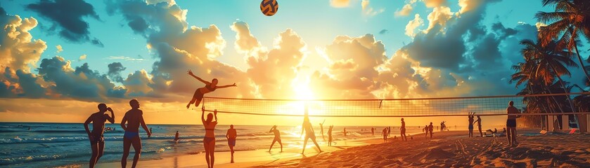 Sunlit beach volleyball game in action, players leaping high against a sunset backdrop