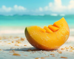Tropical mango slice with a beach background, vibrant and inviting, great for travel and cuisine promotions