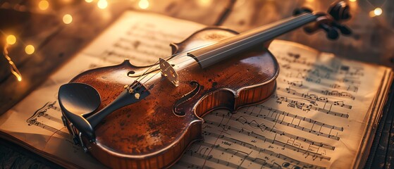 A classical violin resting on an aged music score, surrounded by warm ambient lighting that evokes a sense of history and artistry