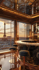 Fototapeta na wymiar Exquisite Parisian penthouse, illustration overlooking the Eiffel Tower: luxurious Art Wild interior, champagne bar, floor-to-ceiling windows, and sunset over the Seine.
