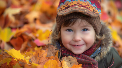 Joyful child holding an armful of vibrant yellow autumn leaves, smiling brightly in a seasonal outdoor setting, epitome of fall happiness