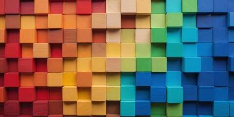 Colorful wooden blocks arranged in a grid pattern, bright gradient texture of wooden blocks. Wood background concept, rainbow color, vivid color concept