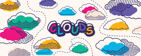 Naklejka premium Whimsical vivid clouds with lines, striped structures, comic fun
