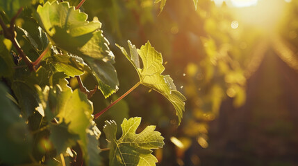 Obraz premium Sunlight dapples through fresh grape leaves in a vineyard.