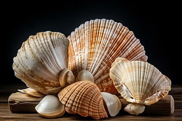 Obraz premium Collection of various sized sea shells displayed on a wooden board against a dark background