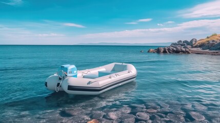 A white rubber motorboat floating in the clear blue sea.AI generated image