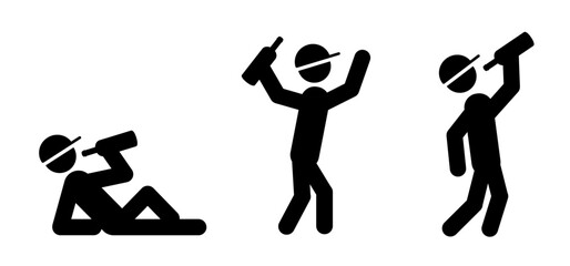 Cartoon stickman, stick figure drunk man with wine bottle. Alcoholic drink sign. Party drinker.