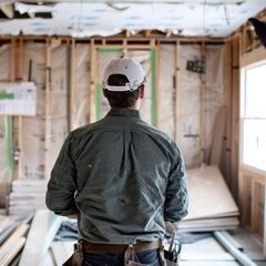 A male renovation expert assessing the room layout of a house under remodel, captured from behind to focus on the planning phase of home improvement