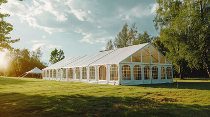 Elegant white marquee on sunny day in lush park setting.