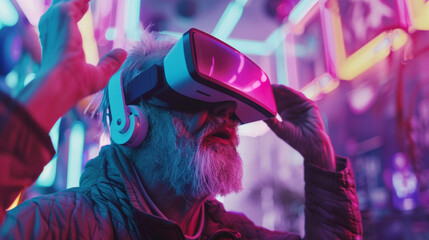 Elderly man with a beard experiences virtual reality, immersed in neon light.