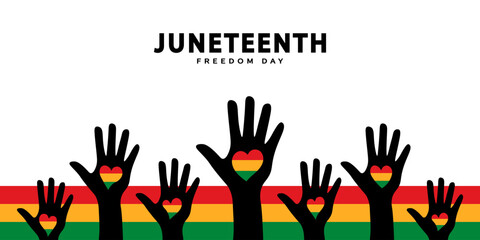 Black hands with hearts in the colors of the Juneteenth flag. Juneteenth Freedom Day banner. Black History Month. Celebrating racial equality, freedom and human rights. Vector Illustration