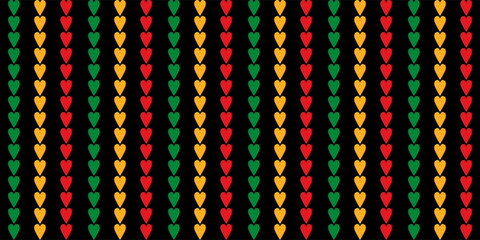 Seamless pattern with red, yellow and green hearts that are neatly aligned in columns on a black background. Simple solid pattern for wrapping paper, gift paper, pillows, etc. Vector illustration