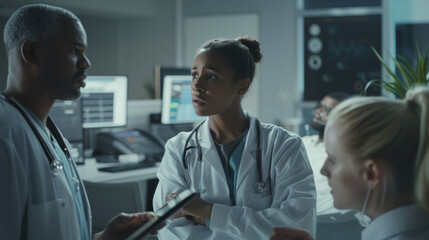 Fototapeta premium Medical professionals engage in a thoughtful discussion in a high-tech lab.