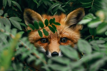 Obraz premium A close-up of a fox peeking out curiously from behind vibrant green leaves in a lush forest setting
