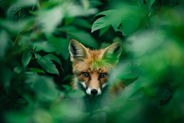 Obraz premium A close-up view of a small fox peeking out from behind lush green leaves in a vibrant forest setting