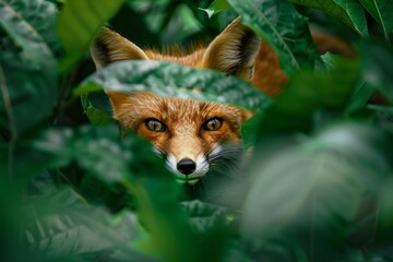 Obraz premium A small fox peeking out from behind vibrant green leaves in a lush forest setting