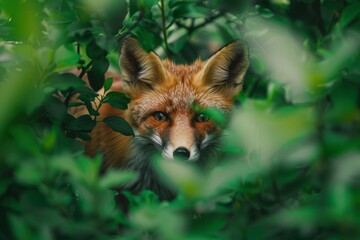 Obraz premium A small fox is seen up close, nestled in a tree within a lush forest, peeking through vibrant green foliage