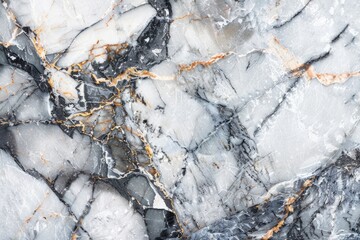 Detailed close up of natural black marble surface with intricate white and gray veins, accentuated by gold accents