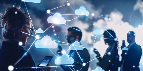 Silhouettes of business people working with cloud computing interface as concept
