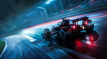 High-speed race car blitzes on a futuristic track.