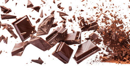 Pile chopped, milled chocolate pieces isolated on white, top view, png transparent background
