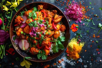 Vibrant bowl filled with Chicken Masala Tikka next to a bunch of colorful flowers - Powered by Adobe