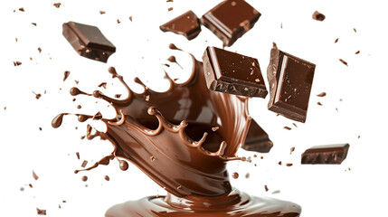Liquid chocolate crown splash with chocolate pieces, on isolated transparent background png
