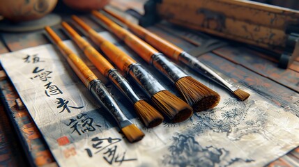 Art supplies for Chinese calligraphy, horsehair brushes, ink wash on silk, detailed brush handles