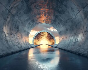 Large concrete culvert under a highway, perspective shot, showcasing the engineering marvel, dusky sky,