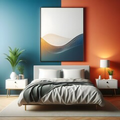 Bed against vibrant orange and blue wall with copy spa Beautiful and amazing pic