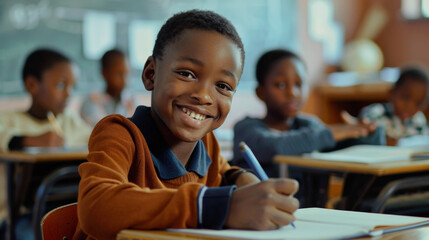 Smiling schoolboy in classroom, radiating confidence and eagerness to learn.